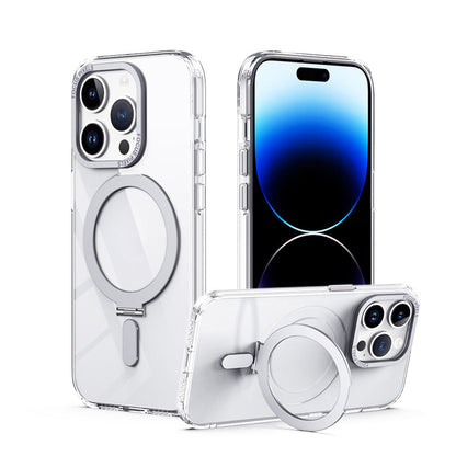 For iPhone 15 Series Magnetic Stand Case Anti-Scratch Shockproof Protective Case with Metal Ring Transparent