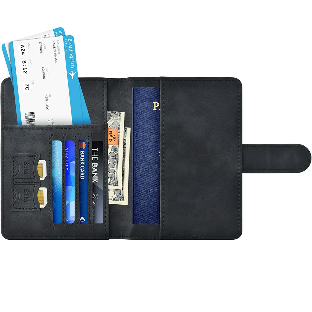 Passport Holder RFID Blocking Leather Cover Wallet With Magnetic Closure For Travel Essentials-Black