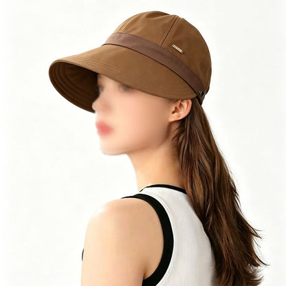 Womens Wide Brim Ponytail Sun Hat Breathable Beach Cap - Coffee