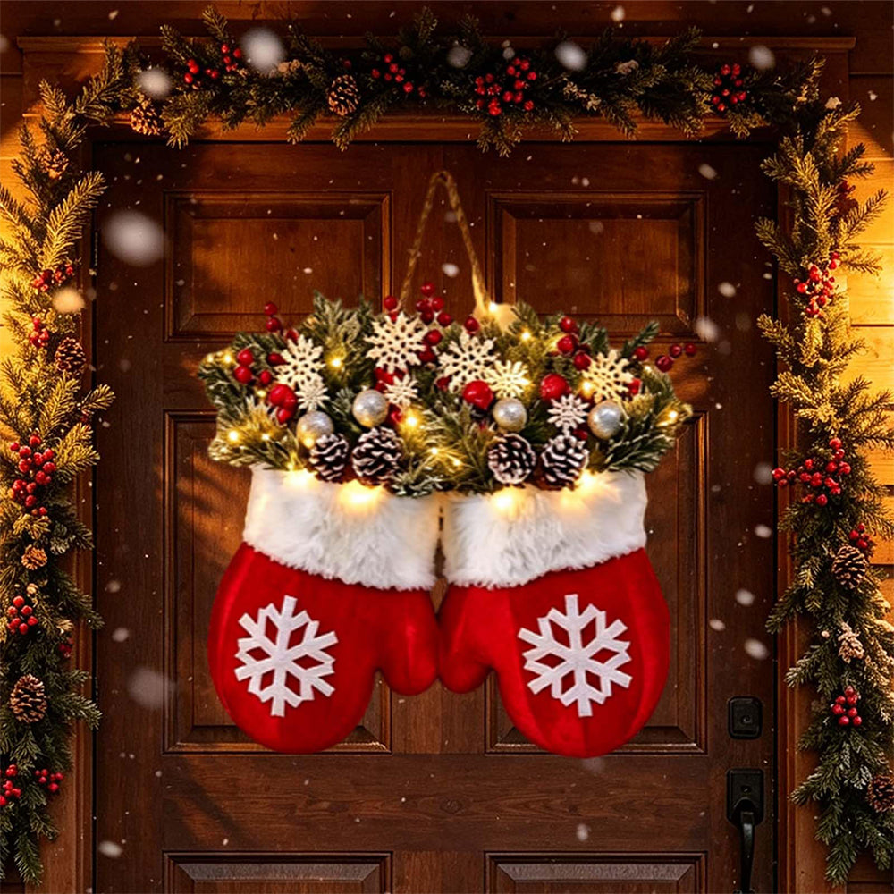 Christmas Wreath Glove Shape with Warm Light Door Hanging Decor
