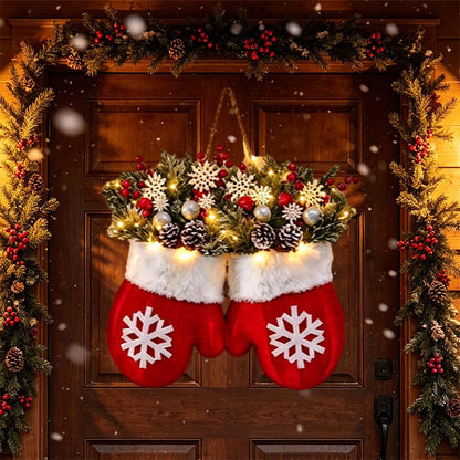 Christmas Wreath Glove Shape with Warm Light Door Hanging Decor