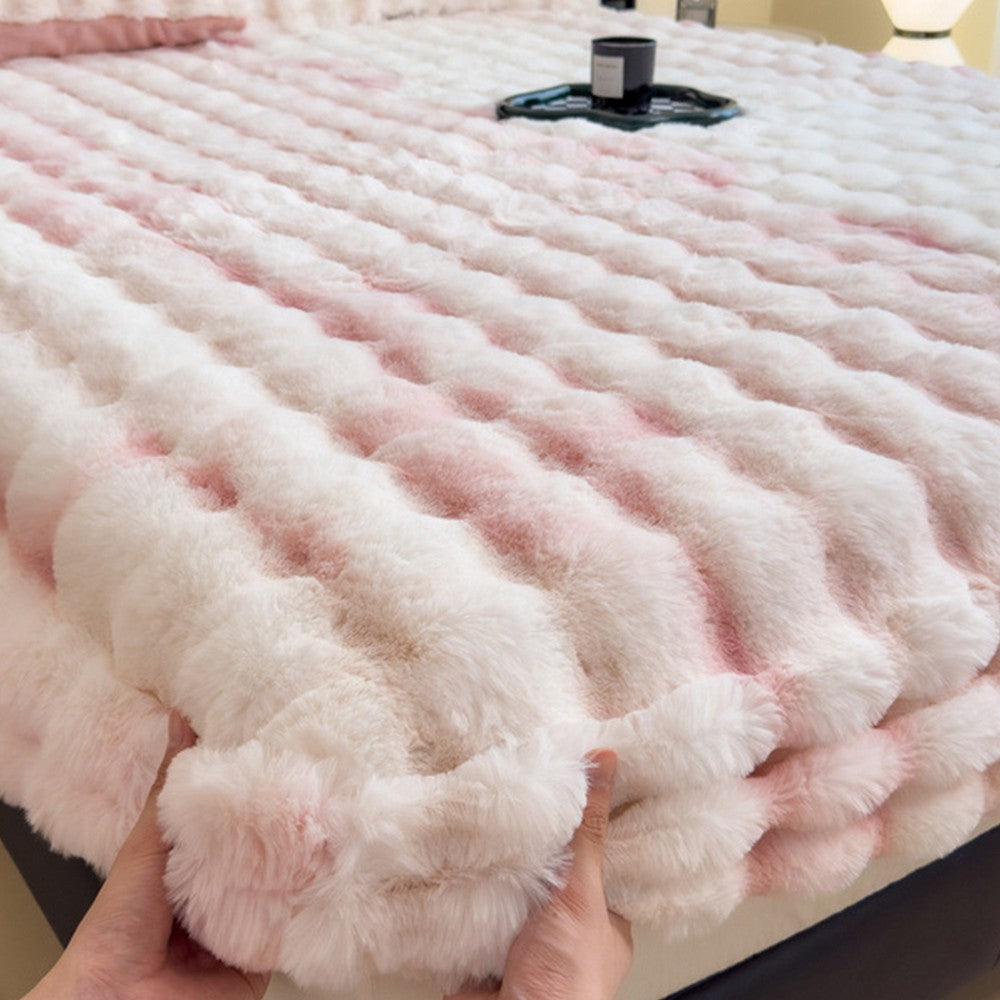Plush Fitted Sheet with 2 Pillowcases Set Warm Mattress Cover Faux Fur Fitted Sheet Bedding Kit Pink