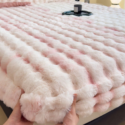 Plush Fitted Sheet with 2 Pillowcases Set Warm Mattress Cover Faux Fur Fitted Sheet Bedding Kit Pink