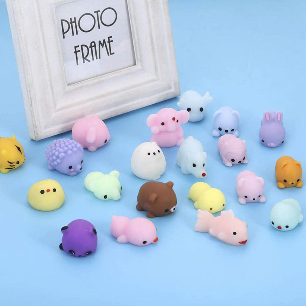 24Pcs Cute Animal Shape Soft Squeezable Toys with Storage Bucket Mochi Squishy Party Favors for Kids