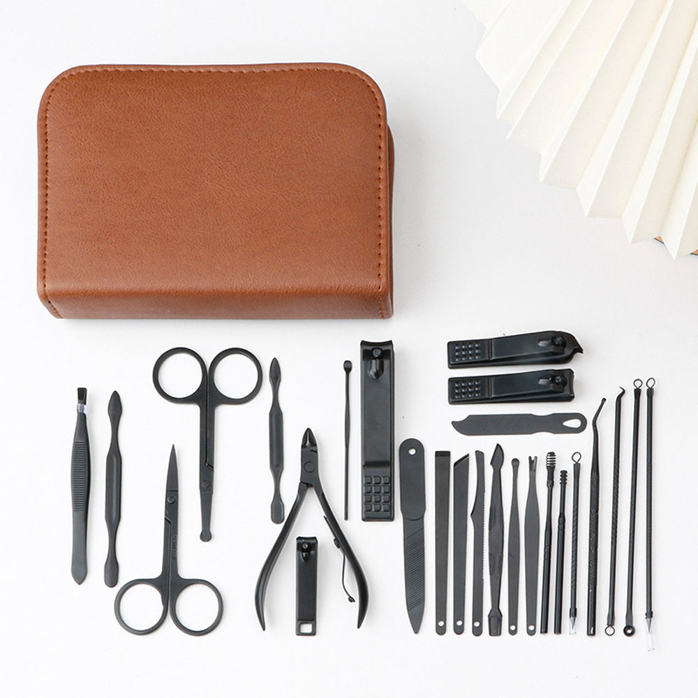 26Pcs Stainless Steel Nail Clipper Set Manicure Pedicure Kit Leather Case-Brown