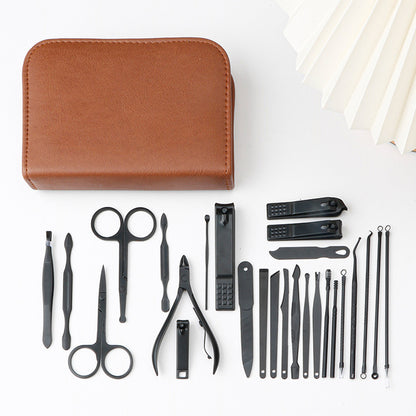 26Pcs Stainless Steel Nail Clipper Set Manicure Pedicure Kit Leather Case-Brown