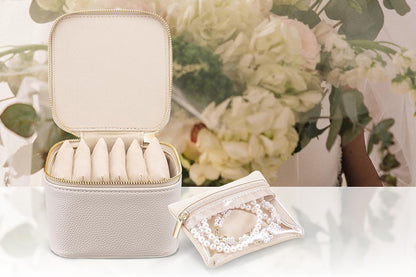 Travel Jewelry Case Small Jewelry Box with 6 Transparent Zipper Pockets-Beige