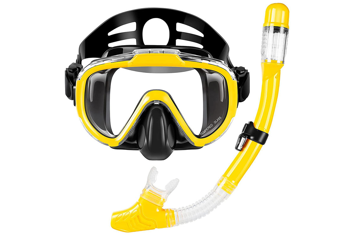 Diving Mask Anti-Fog Panoramic View Snorkel Dry Top Snorkeling Gear For Adults-Yellow