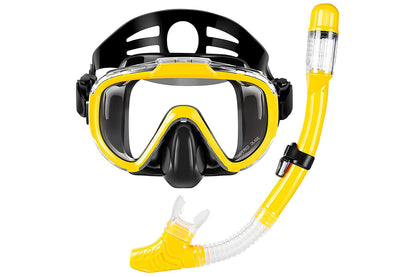 Diving Mask Anti-Fog Panoramic View Snorkel Dry Top Snorkeling Gear For Adults-Yellow