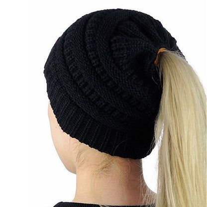 Winter Cable Knit Ponytail Beanie High Bun Crochet Hat - Black