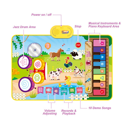 2-in-1 Piano Drum Mat Music Touch Music Mat Toys with 6 Instrument Sounds for Kids Green