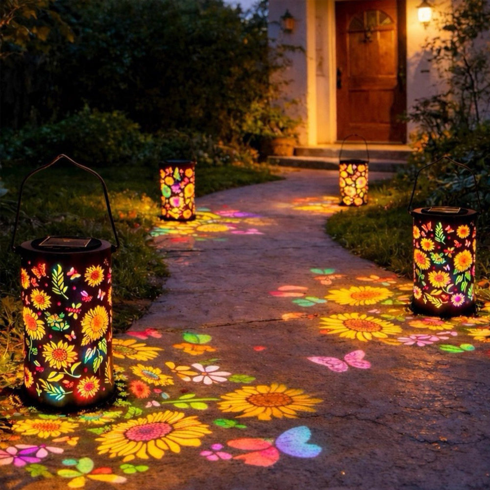2 Piece Sunflower Solar Lantern with Butterfly Cutout Light Projection - Mixed Color