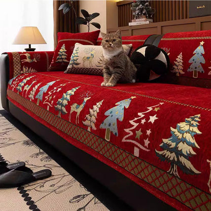 Christmas Deer Chenille Sofa Cover Scratch Resistant Sofa Protector - Red