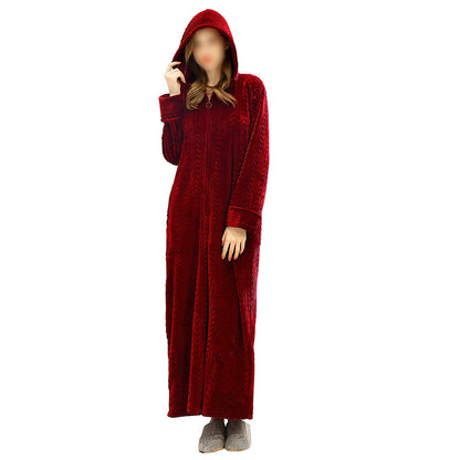 Unisex Bathrobe Fleece Robes Winter Warm Nightgown Sleepwear Pyjamas-Wine Red