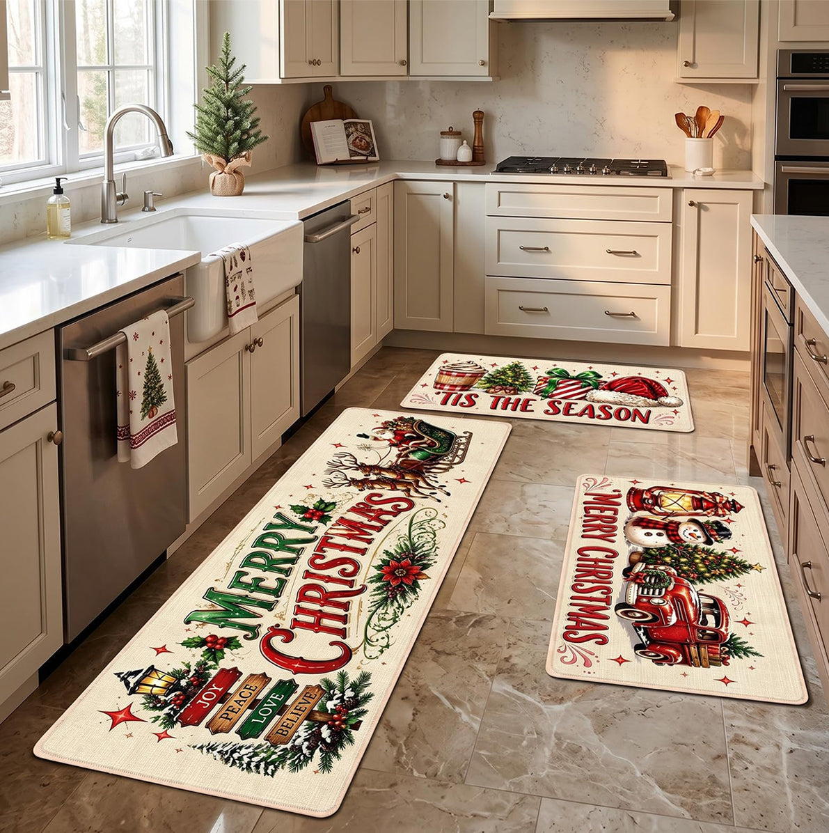 3 Piece Christmas Kitchen Floor Mat Set - Carriage