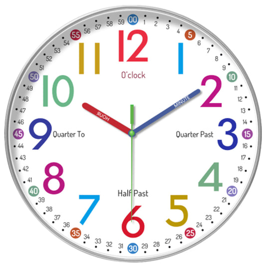12-Inch Learning Wall Clock for Kids Silent Clock Battery Operated Colorful Teaching Time Clock Style 1
