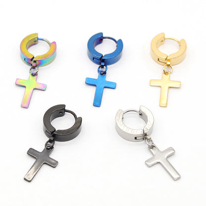 Unisex Cross Dangle Hoop Huggie Stainless Steel Ear Stud Earrings