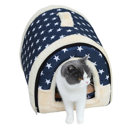 Pet Dog House Kennel Soft Bed Cave Cat Puppy Warm Cushion Blue