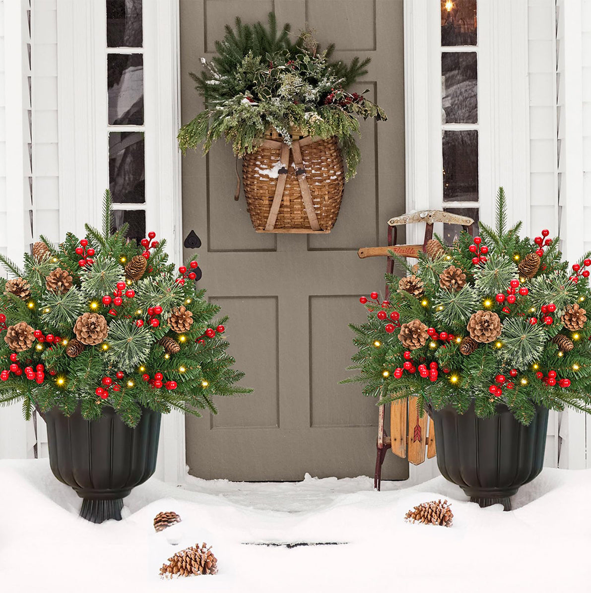 2 Piece Battery Lit Artificial Pine Christmas Planter Stake for Outdoor Decor
