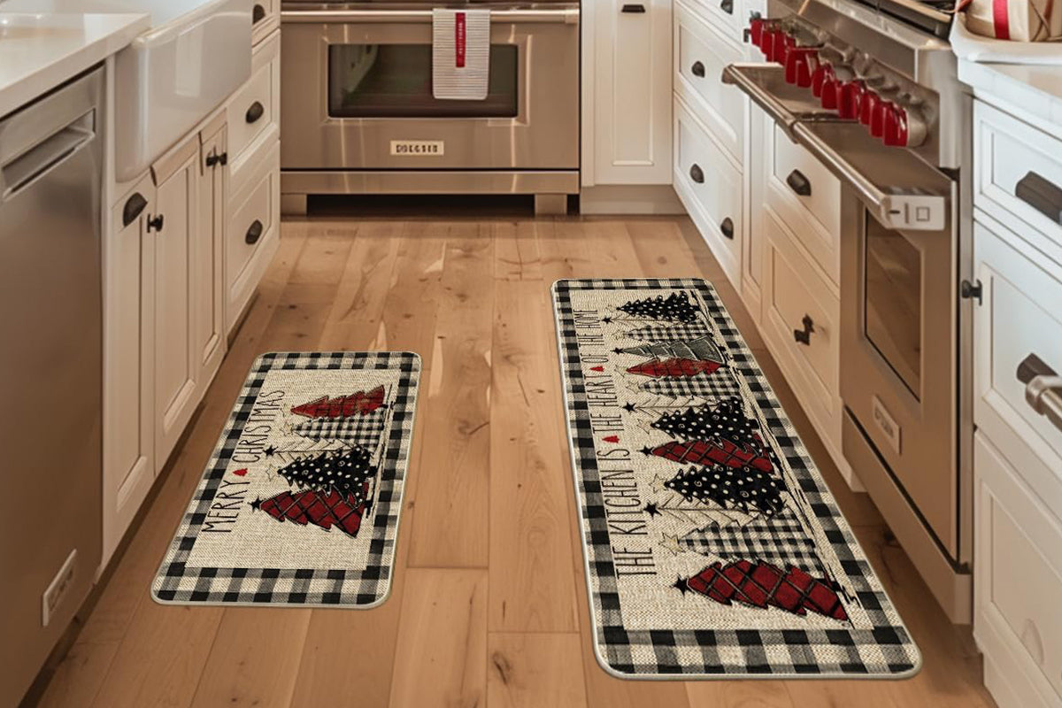 2Pcs Set Merry Christmas Tree Kitchen Rug and Mat Non Slip Christmas Decorative Doormat for Bedroom Bathroom