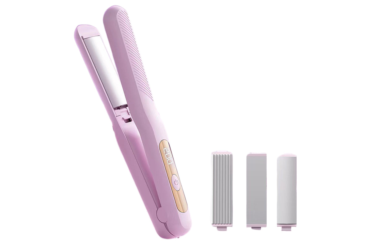 3 in 1 Hair Crimper Hair Straightener Interchangeable Plates Flat Curling Iron -Purple