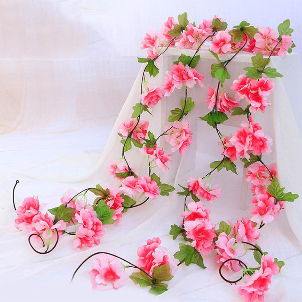4PCS Sakura Vine Artificial Silk Hanging Garlands 2.3m for Wedding & Home Decoration Rose Red