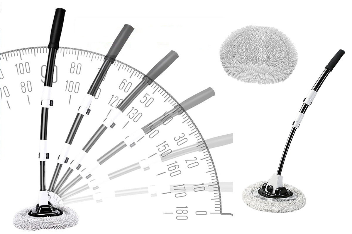 102cm Telescopic Adjustable Car Wash Mop Brush Kit with 15 Degree Curved Long Handle for Vehicle Cleaning -WhiteBlack