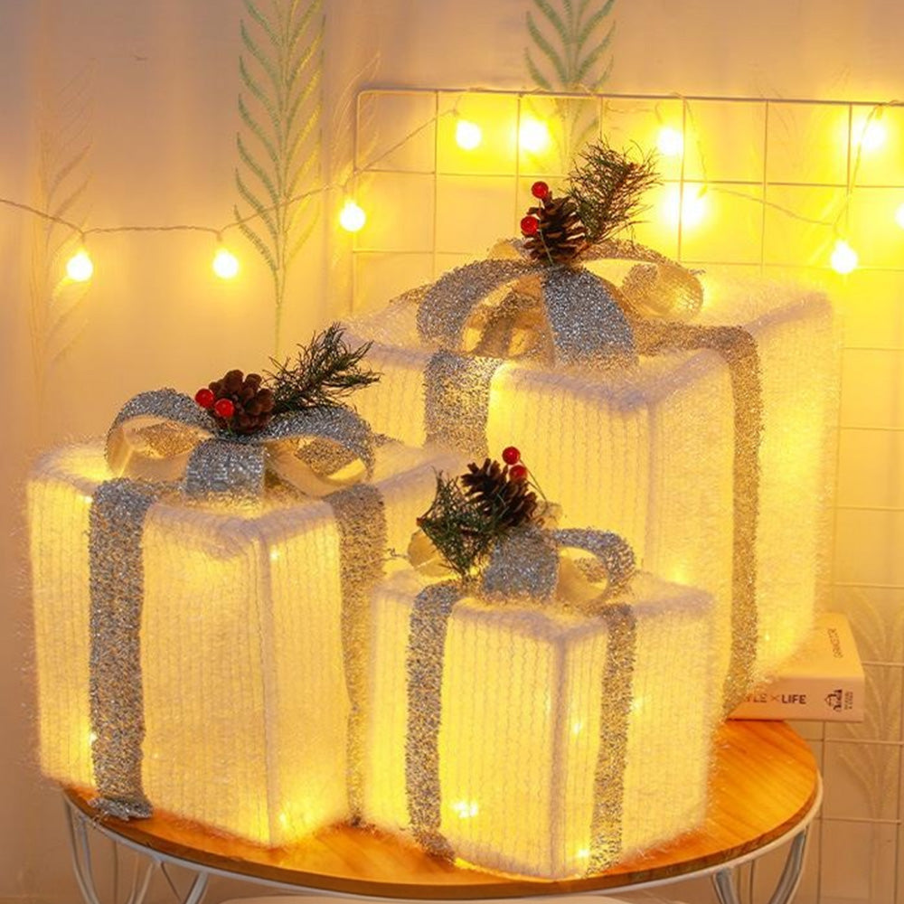 3PCS Lighted Christmas Gift Boxes with 8 Modes for Indoor and Outdoor Decor Silver