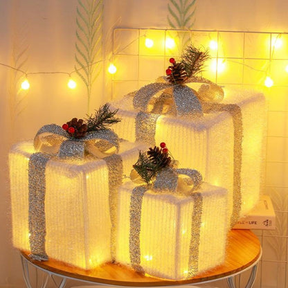 3PCS Lighted Christmas Gift Boxes with 8 Modes for Indoor and Outdoor Decor Silver