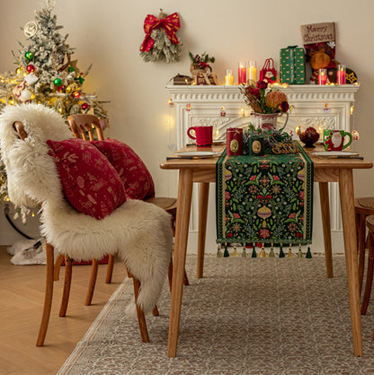 Christmas Jacquard Table Runner with Tassels - Green