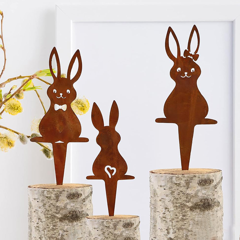 Set of 3Pcs Easter Bunny Garden Stake Decor Rusty Bunny Ornament Outdoor Yard Art Decoration