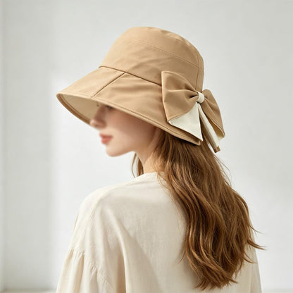 Wide Brim Bow Sun Hat Foldable Breathable Hat for Women - Khaki