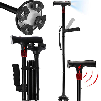 Walking Cane with LED Light Alarm Adjustable Dual Handles for Seniors and Adults