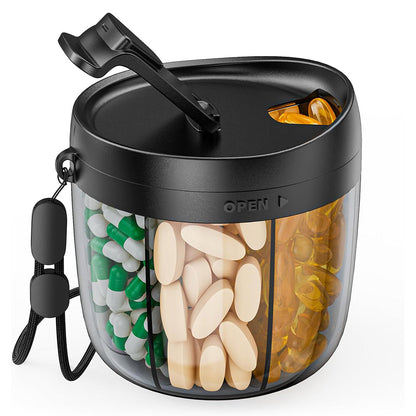 7-Compartment Pill Organizer Bottle with Handle & Rotating Lid for Travel Black