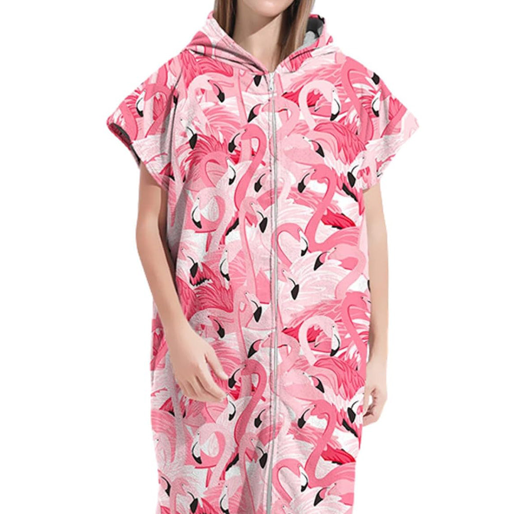 Adult Hooded Zip Up Swim Changing Robe Microfiber Beach Towel Poncho - Flamingo Head