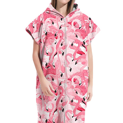 Adult Hooded Zip Up Swim Changing Robe Microfiber Beach Towel Poncho - Flamingo Head