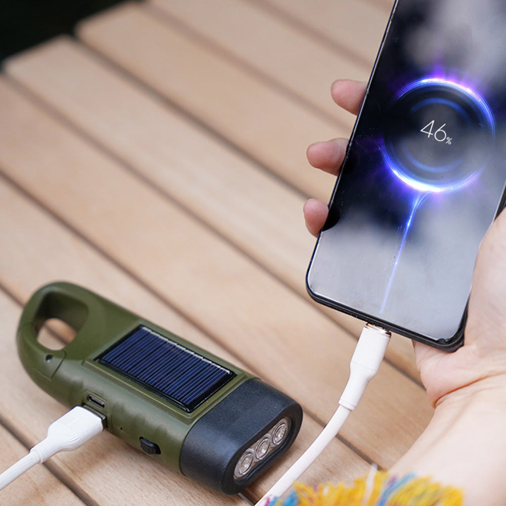 Hand Crank Solar Powered Emergency LED Flashlight ââ‚?Rechargeable Light Military Green