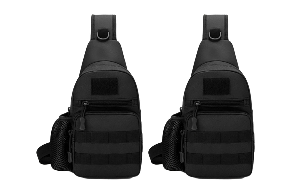 2Pcs Tactical Sling Bag Pack With Water Bottle Holder Shoulder Messenger Bag-Black