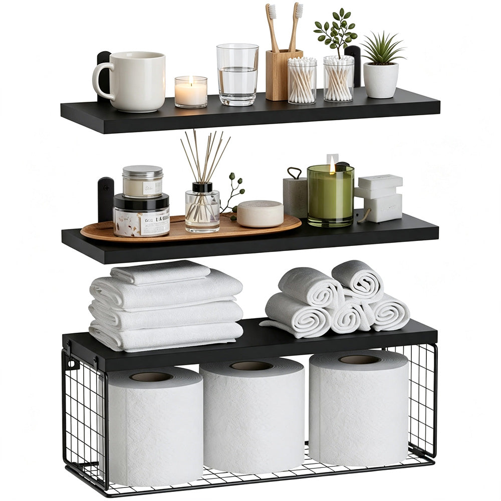 3 Piece Engineered Wood Wall Shelves with Storage Basket - Black