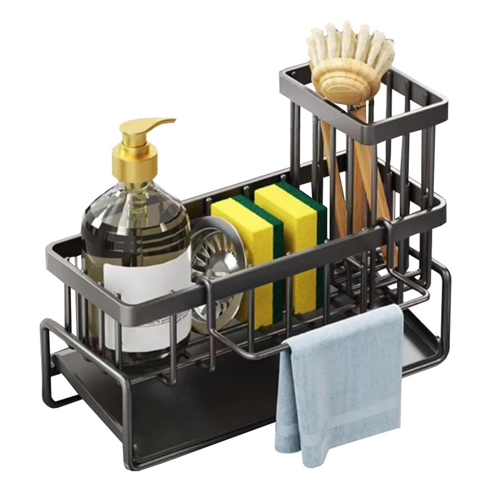 Multifunctional Carbon Steel Sink Caddy Sponge Brush Towel Organizer with Drip Tray