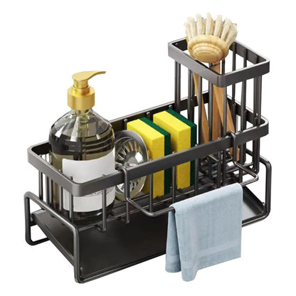Multifunctional Carbon Steel Sink Caddy Sponge Brush Towel Organizer with Drip Tray
