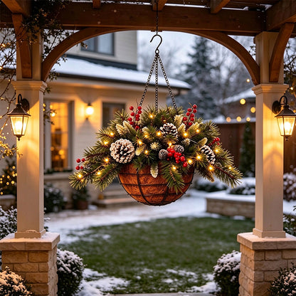 Pre-Lit Artificial Christmas Hanging Basket and Wreath LED Lights with Red Berries