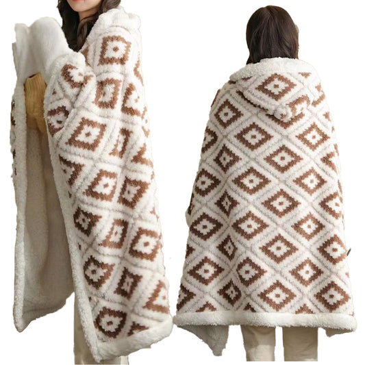 Winter Warm Blanket Jacquard Thickened Multi-Functional Blanket with Hood and Gloves Coffee