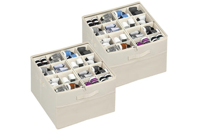Shoe Organizer Foldable Shoe Storage Containers with Dividers and Lid -Beige