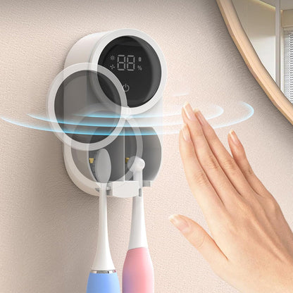 2Pcs Wall Mounted Toothbrush Holder and Cleaner with Smart Light Cleaning and Fan Drying