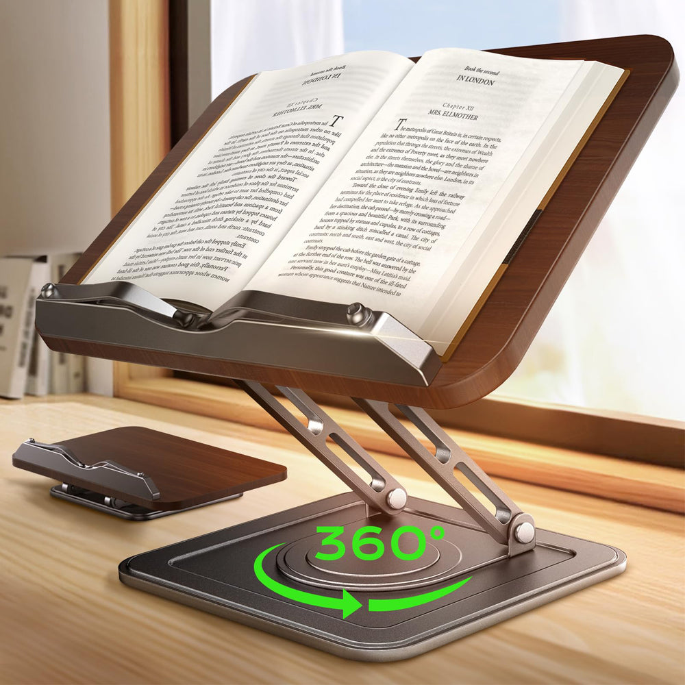 Book Stand for Reading 360-degree Rotating Holder with Page Clip - Black