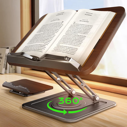 Book Stand for Reading 360-degree Rotating Holder with Page Clip - Black