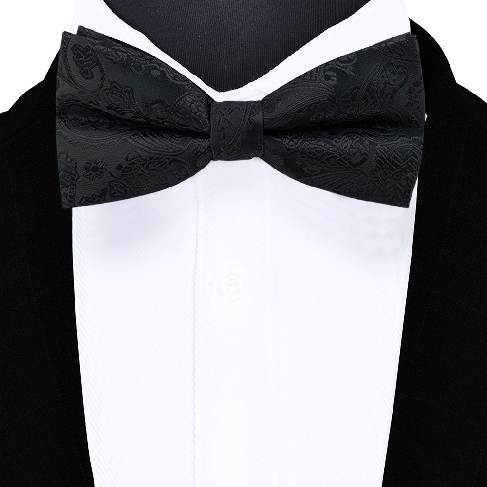 4 Piece Mens Jacquard Pre Tied Bow Tie Pocket Square and Cufflink Set - Black