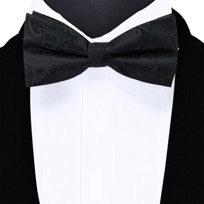 4 Piece Mens Jacquard Pre Tied Bow Tie Pocket Square and Cufflink Set - Black