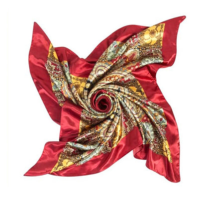 90cm Square Head Scarf Printed Satin Hair Scarf Bandanas for Women-Red